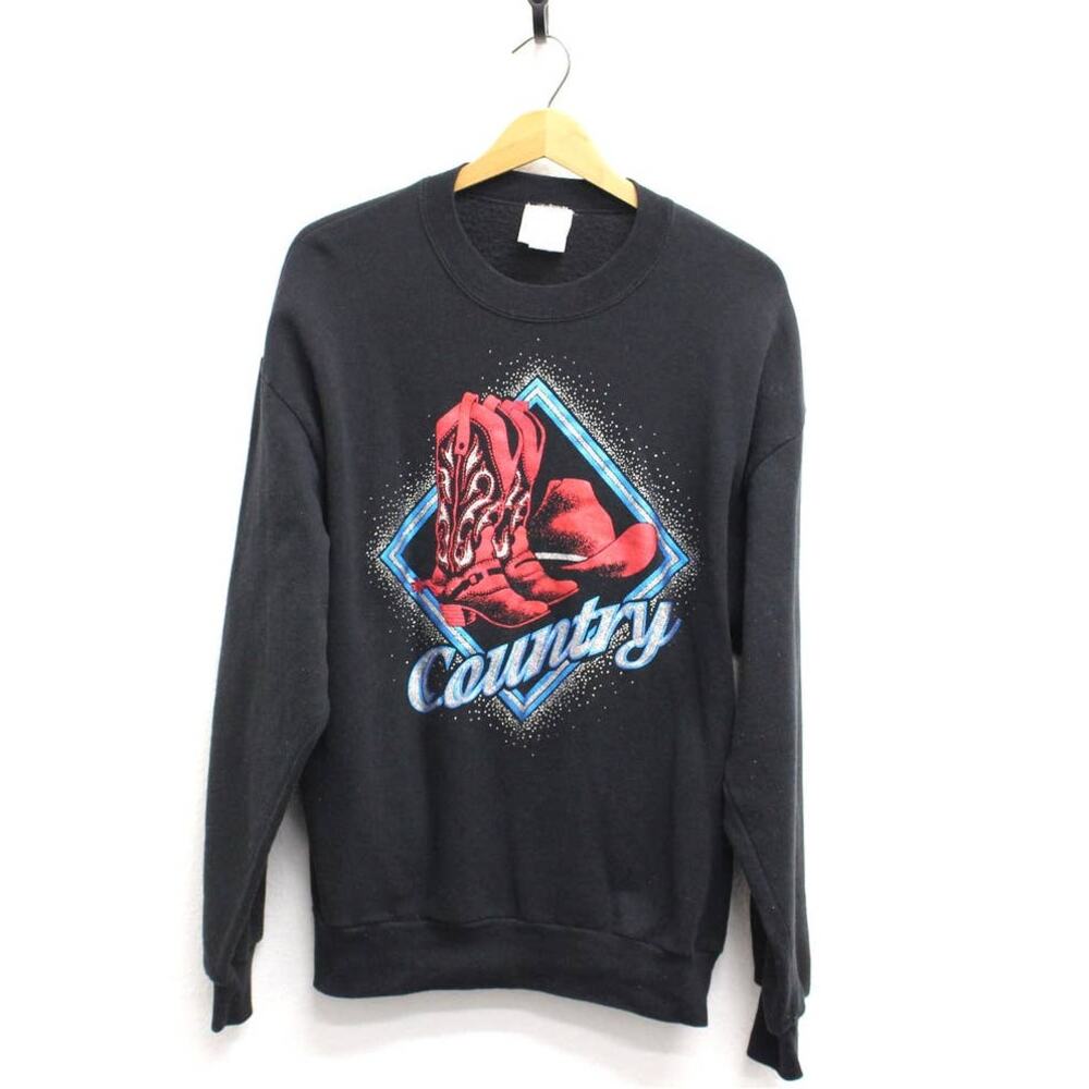 Vintage 90s Country Cowboy Boots Sweatshirt Men’s Large Black Western Graphic